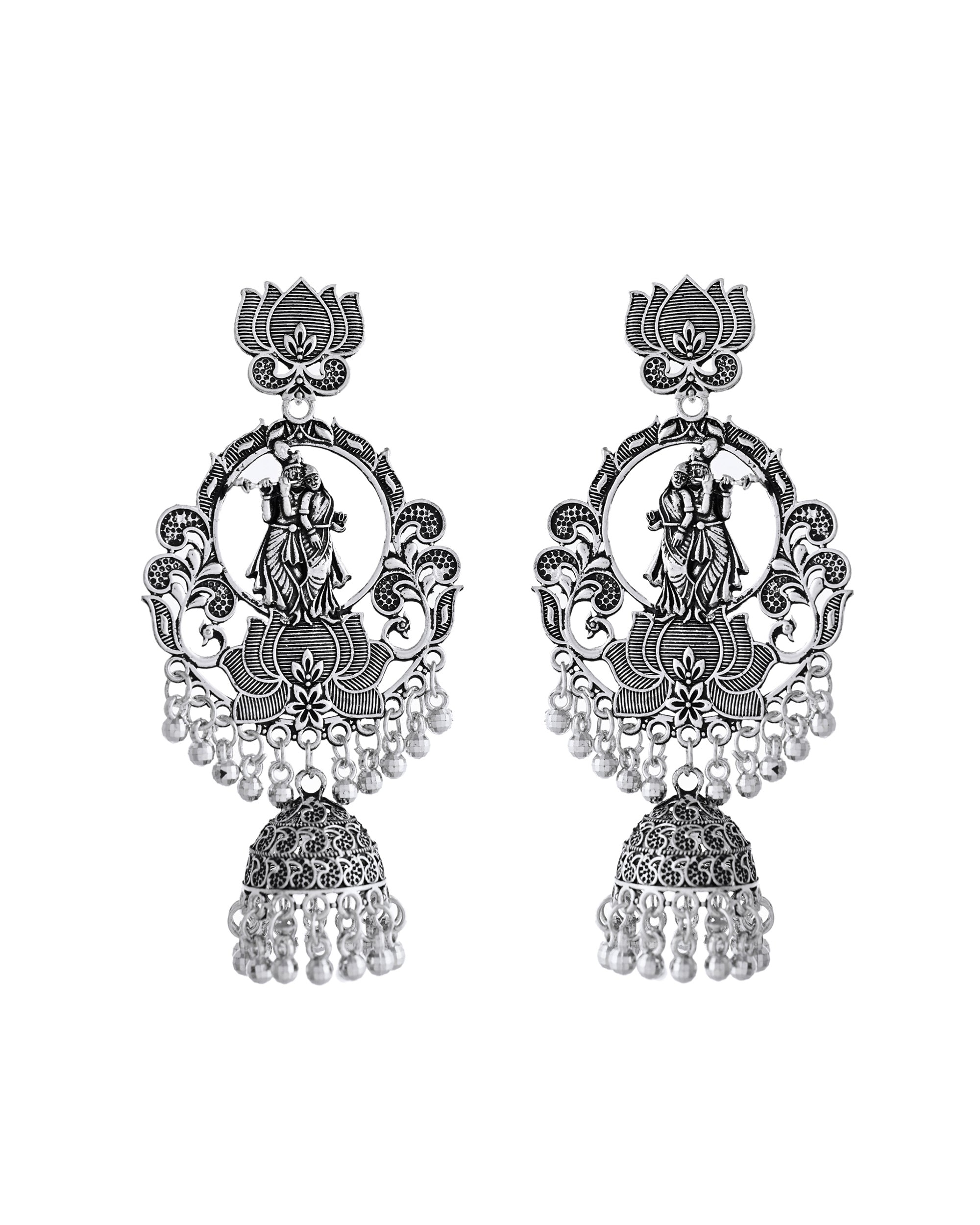 VOJ Silver Plated Radha Krishna Shaped Oxidized Earrings