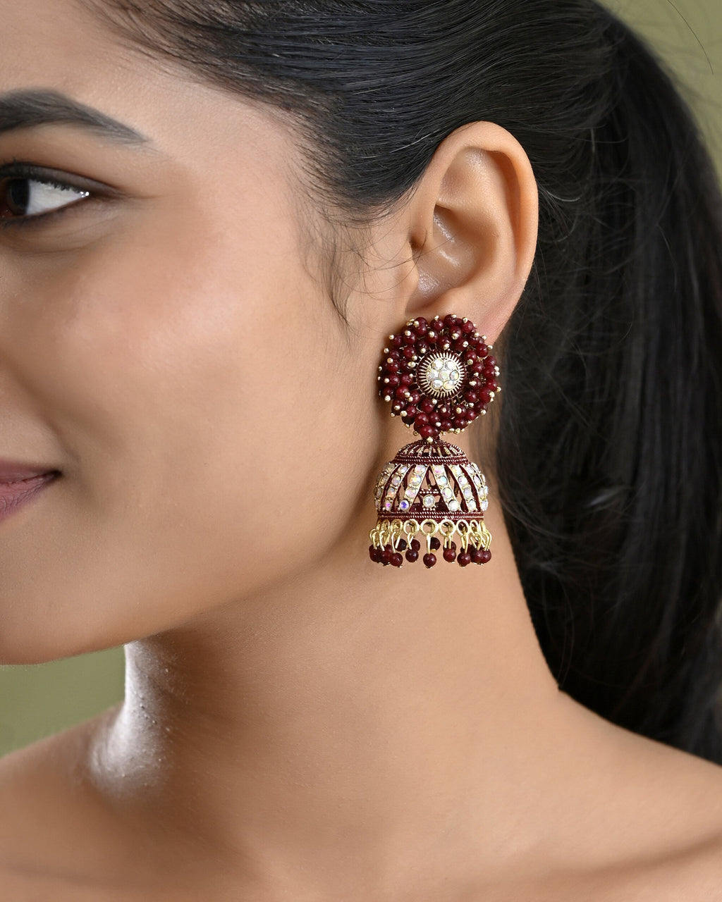 VOJ Marron Beads And Stone Studded Jhumka Earrings | Grocsy