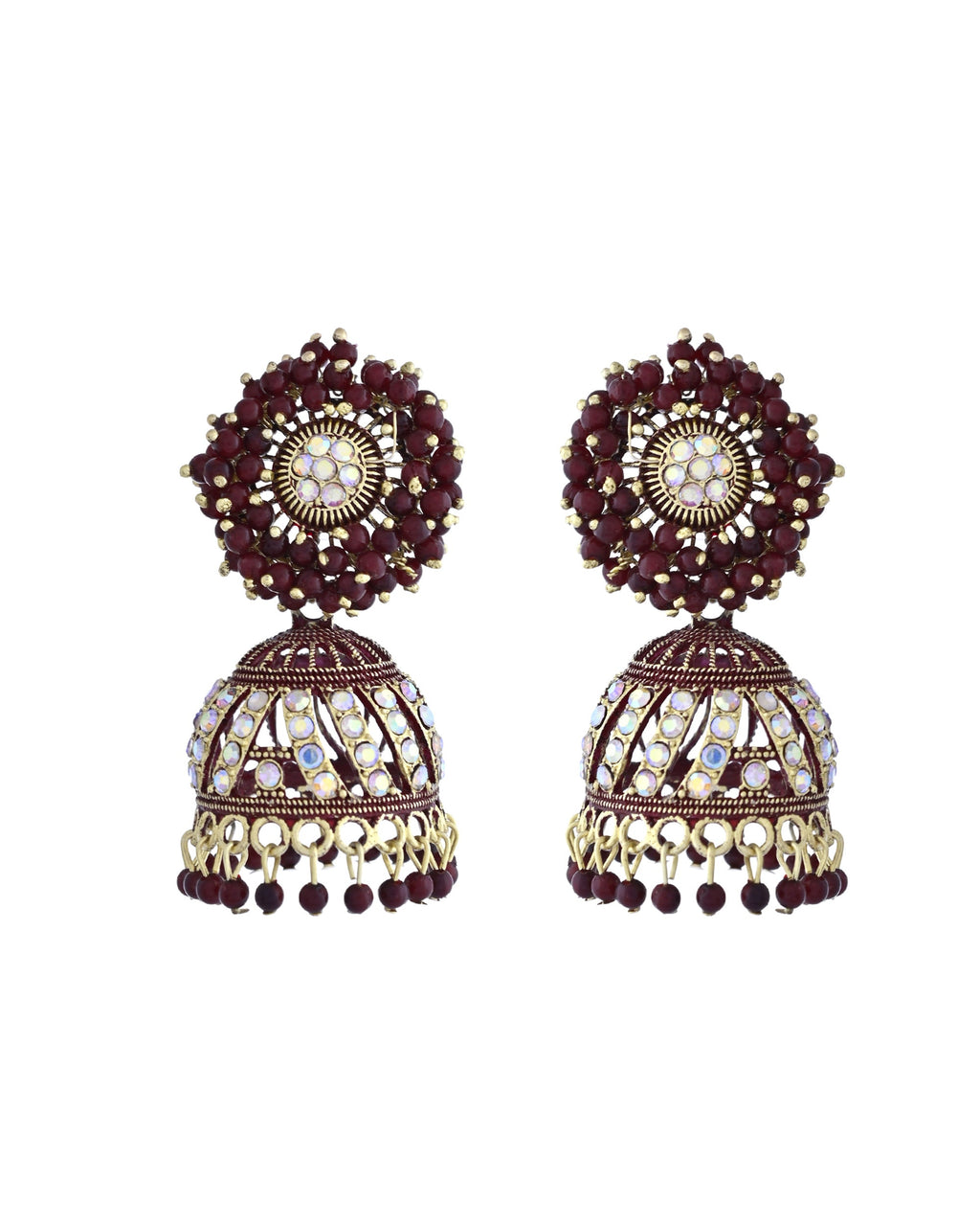 VOJ Marron Beads And Stone Studded Jhumka Earrings | Grocsy