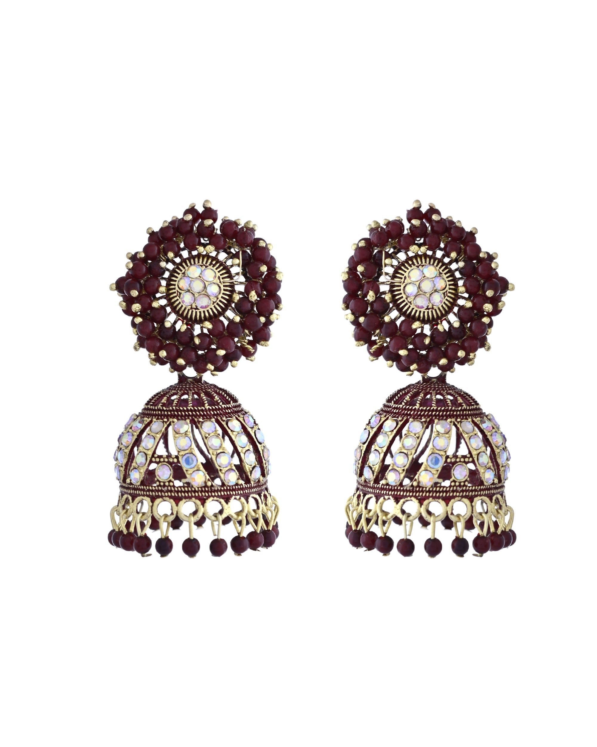 VOJ Marron Beads And Stone Studded Jhumka Earrings | Grocsy