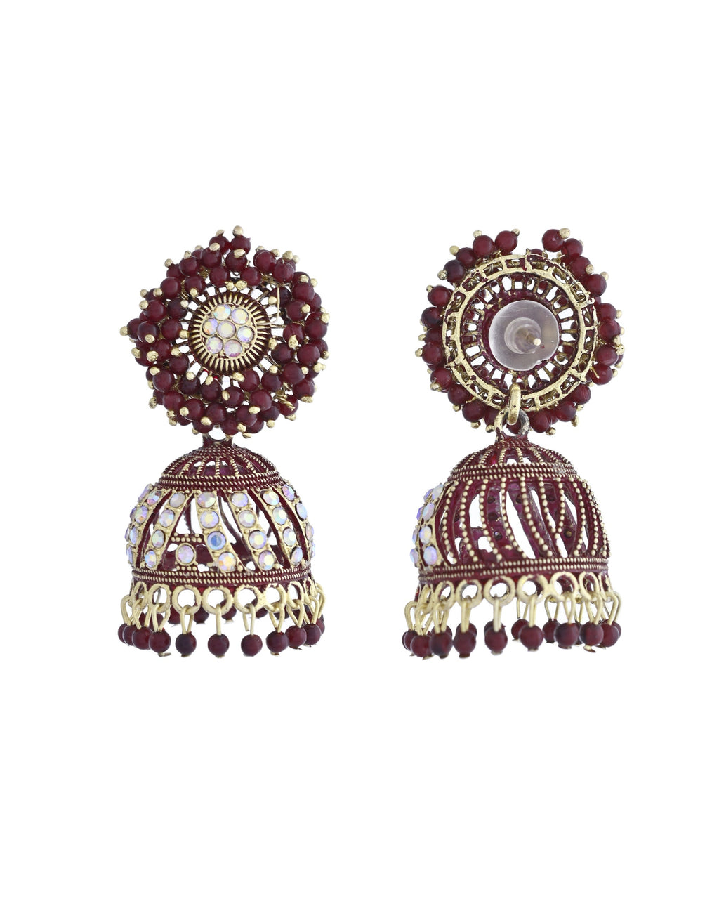 VOJ Marron Beads And Stone Studded Jhumka Earrings | Grocsy