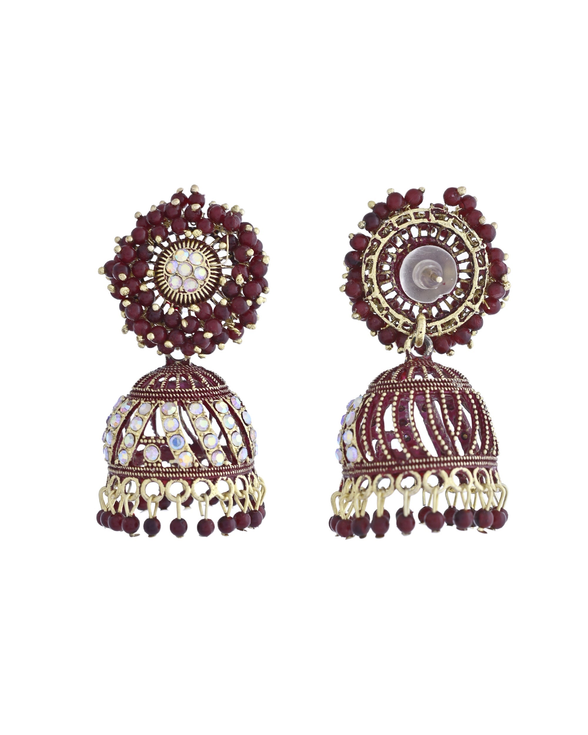 VOJ Marron Beads And Stone Studded Jhumka Earrings | Grocsy