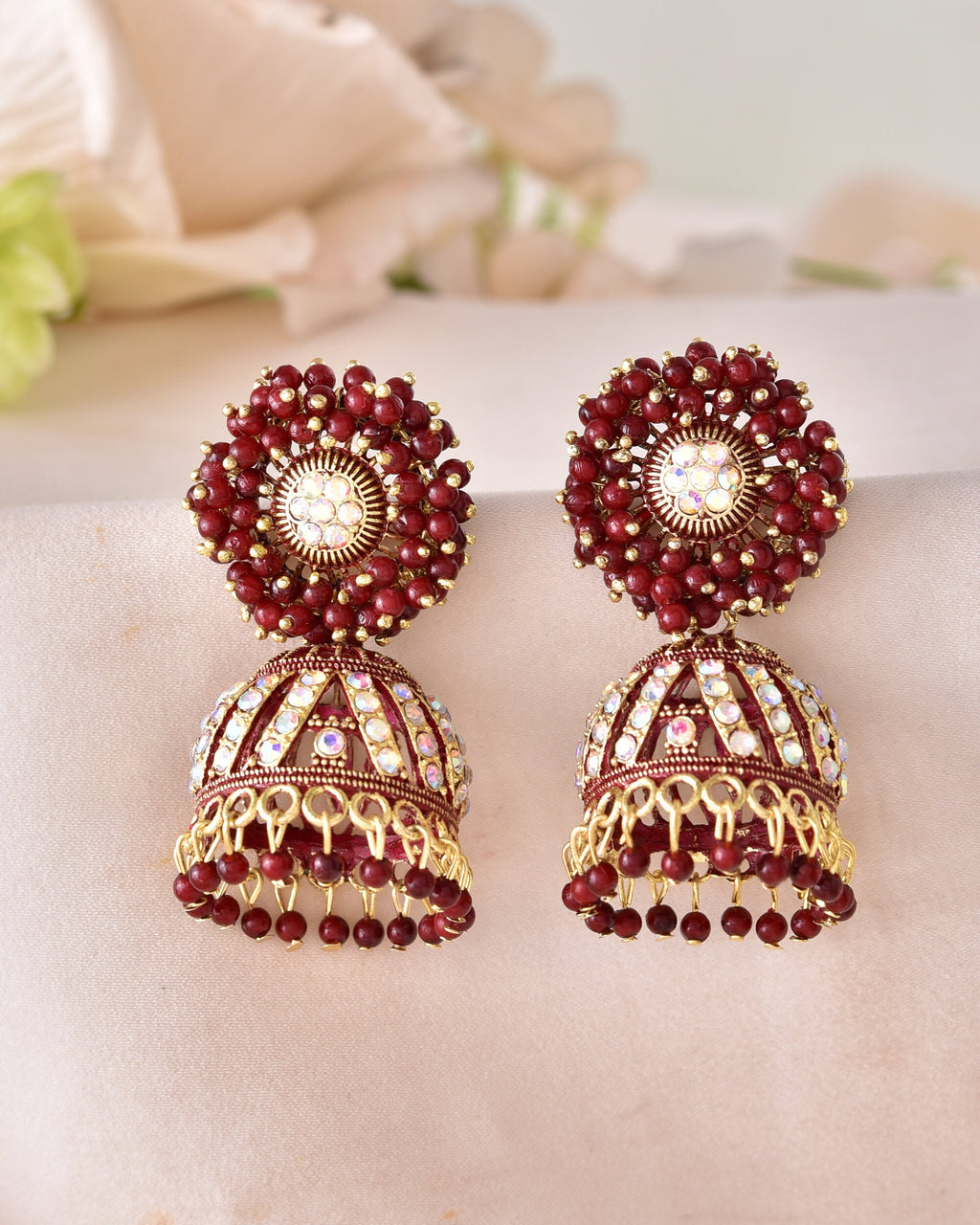 VOJ Marron Beads And Stone Studded Jhumka Earrings | Grocsy