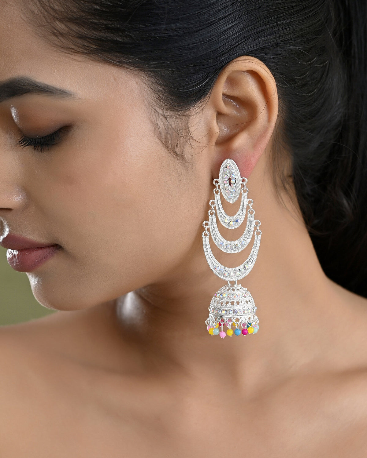 VOJ White Oxidized Mult Layer Chandbali Earrings