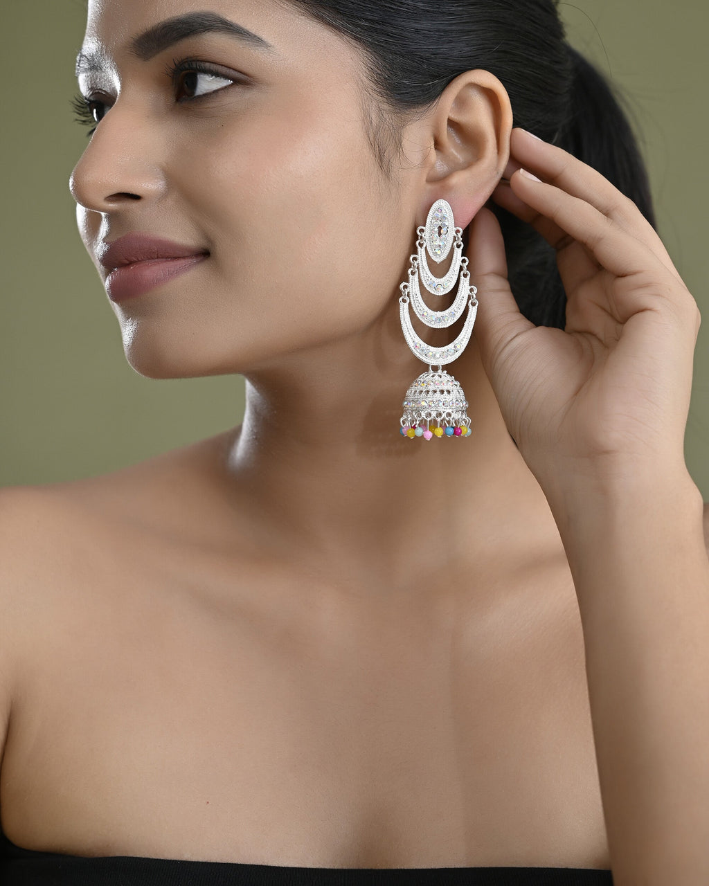 VOJ White Oxidized Mult Layer Chandbali Earrings