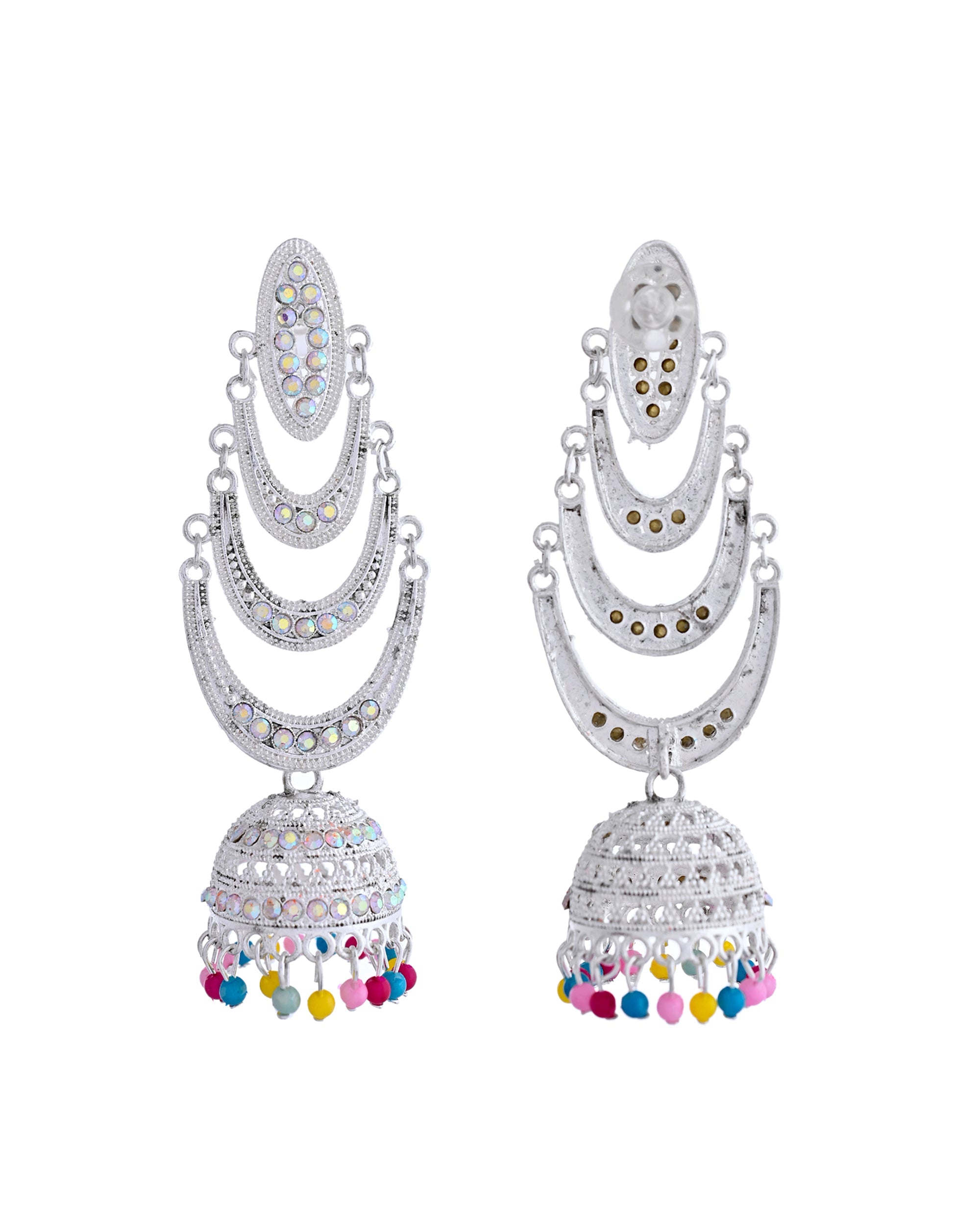 VOJ White Oxidized Mult Layer Chandbali Earrings