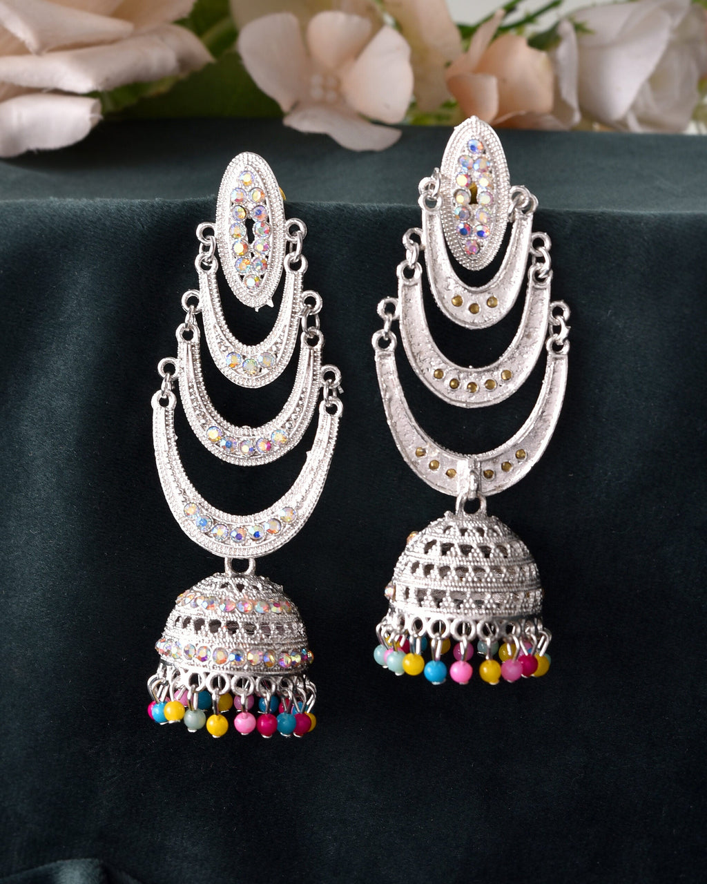 VOJ White Oxidized Mult Layer Chandbali Earrings