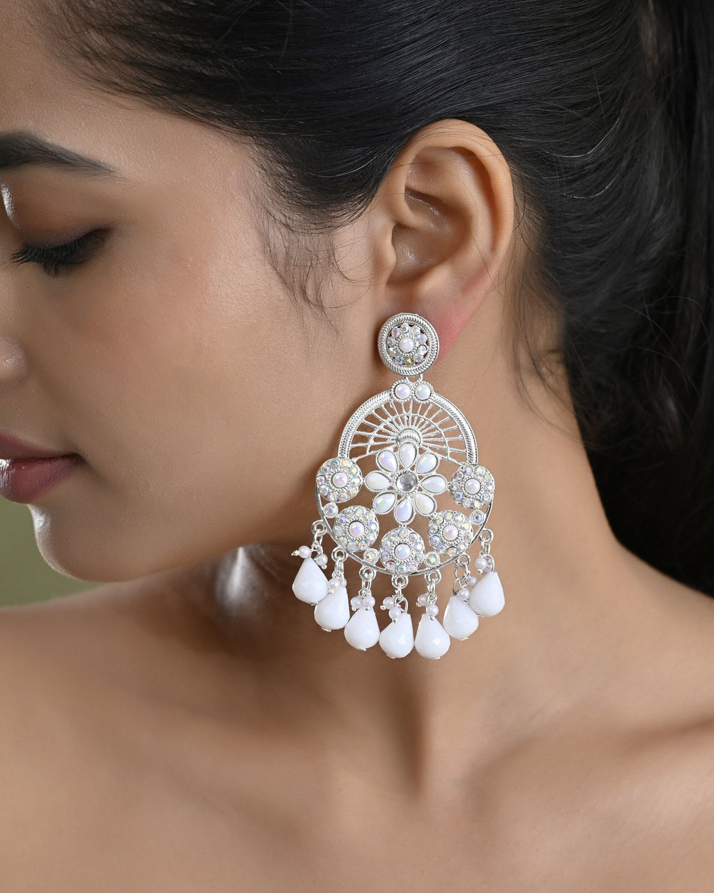 VOJ Elegent White Ethnic Chandbali Earrings With Pearl And Stone Earrings