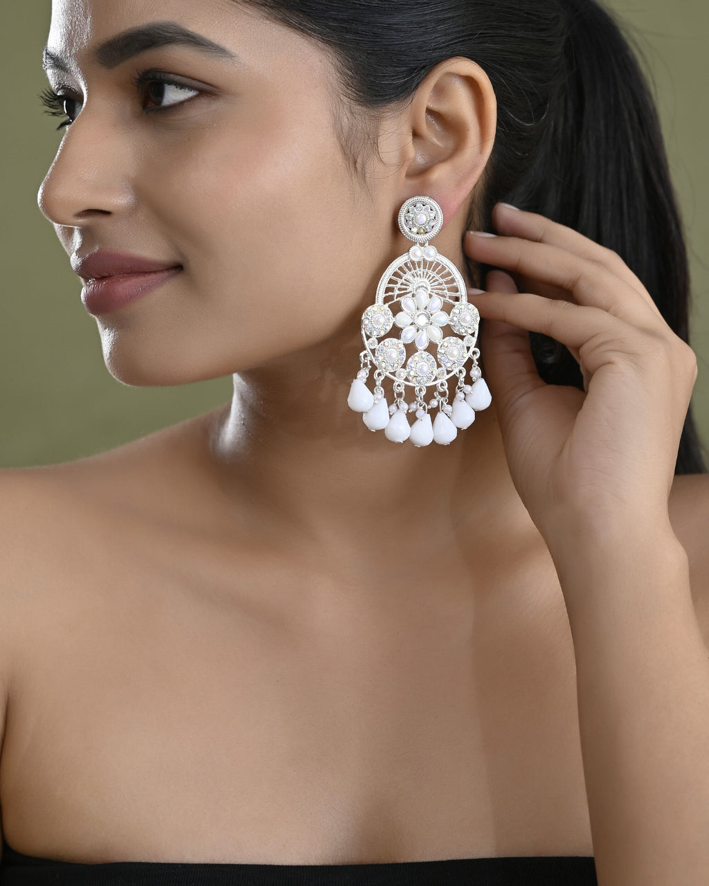 VOJ Elegent White Ethnic Chandbali Earrings With Pearl And Stone Earrings
