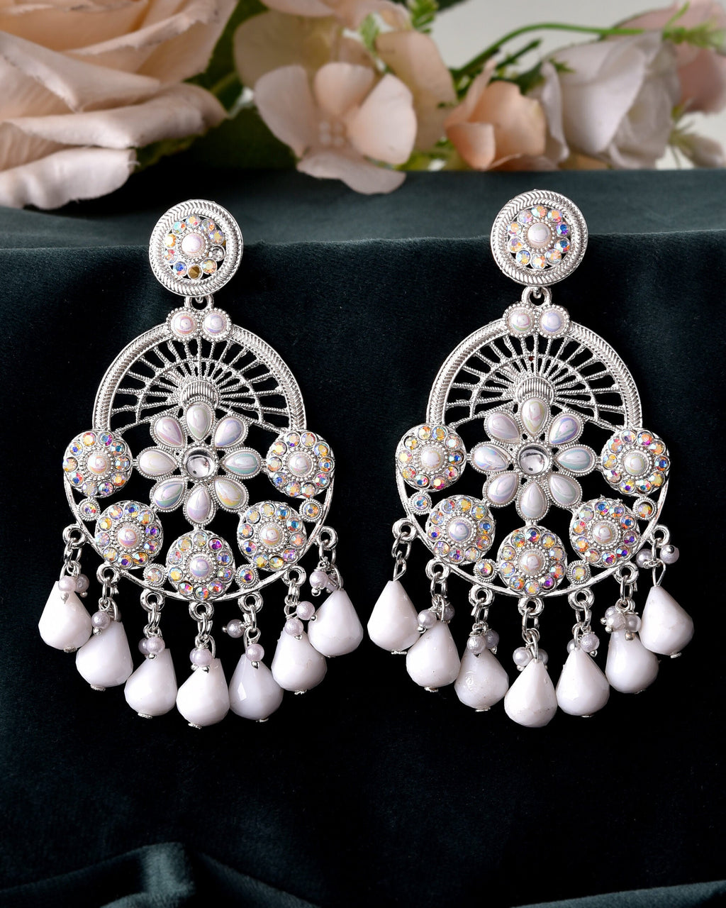 VOJ Elegent White Ethnic Chandbali Earrings With Pearl And Stone Earrings