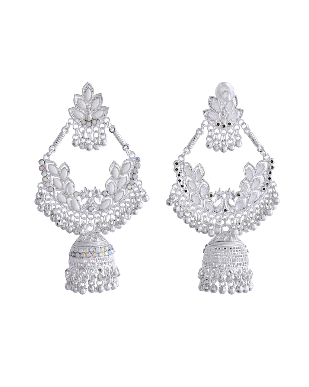 VOJ Stunning White Oxidized Chandbali with Stone And Peral Detailing Earrings