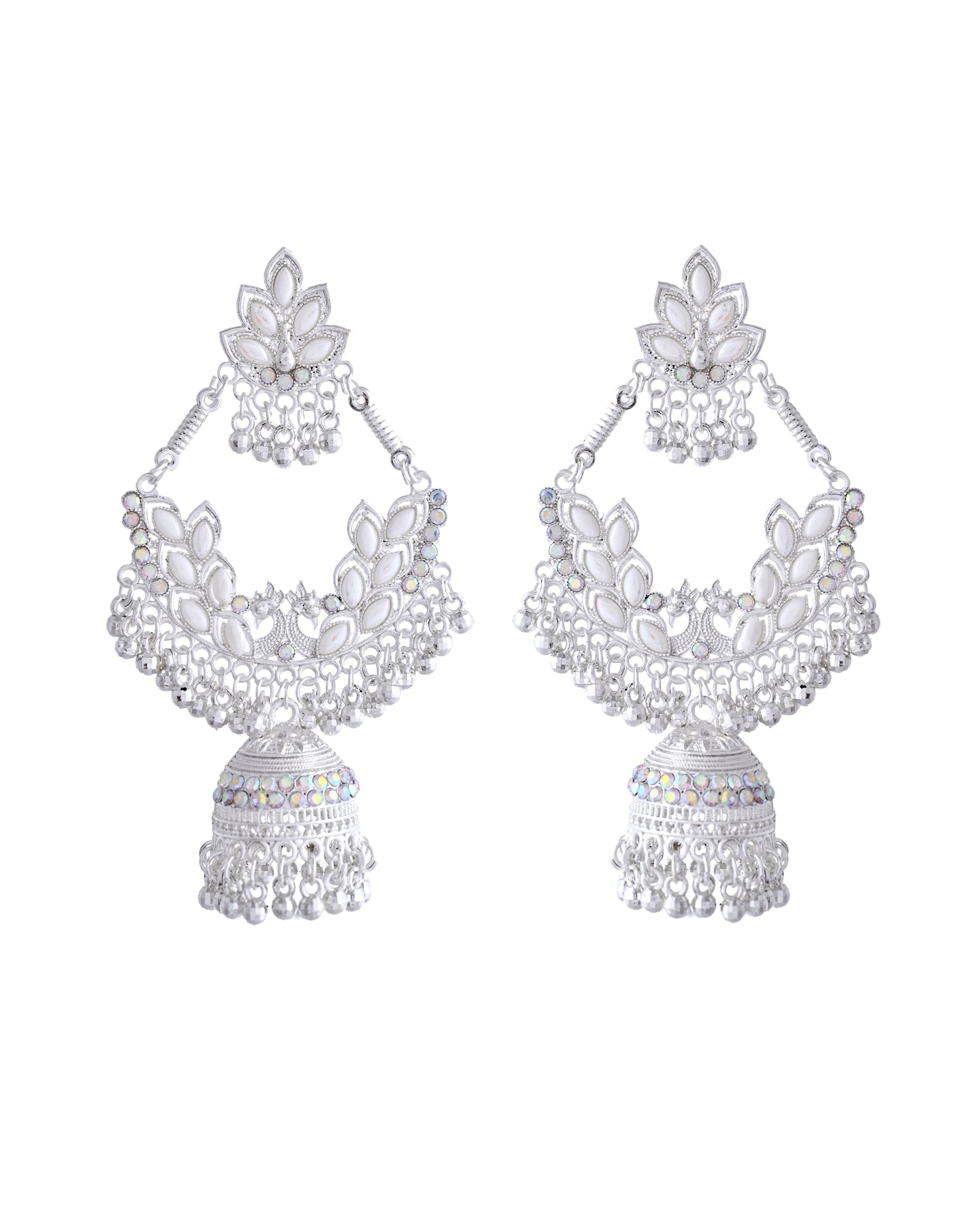 VOJ Stunning White Oxidized Chandbali with Stone And Peral Detailing Earrings