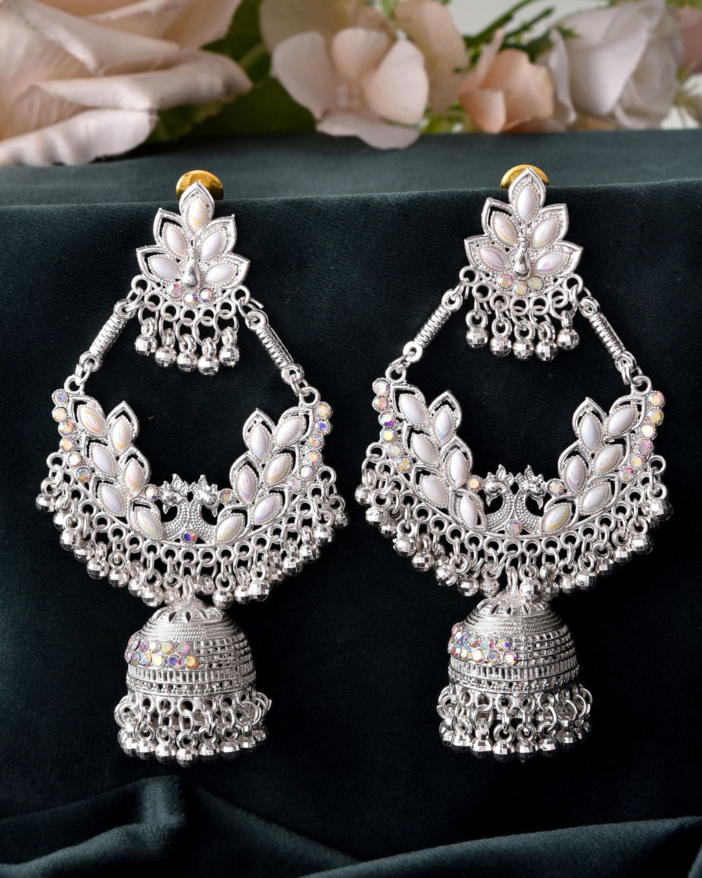 VOJ Stunning White Oxidized Chandbali with Stone And Peral Detailing Earrings