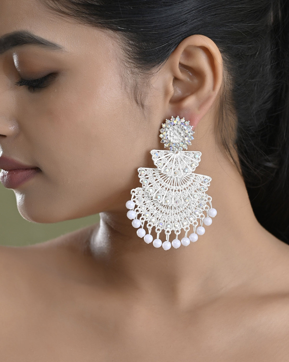 VOJ White Oxidized Multi Layered Stone Studded Earrings