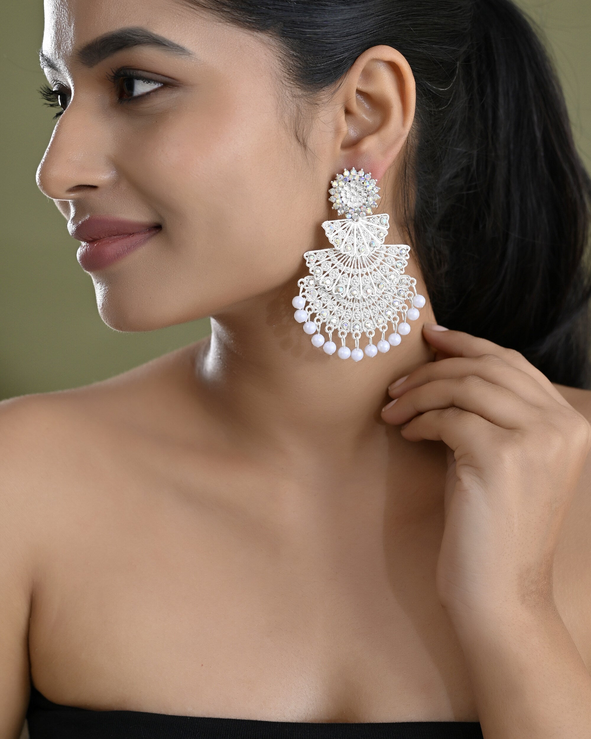 VOJ White Oxidized Multi Layered Stone Studded Earrings