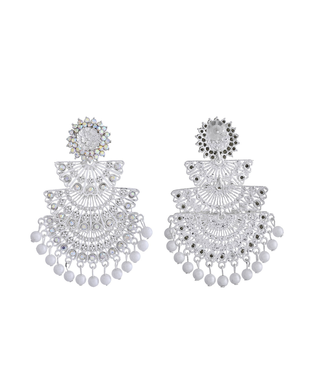 VOJ White Oxidized Multi Layered Stone Studded Earrings