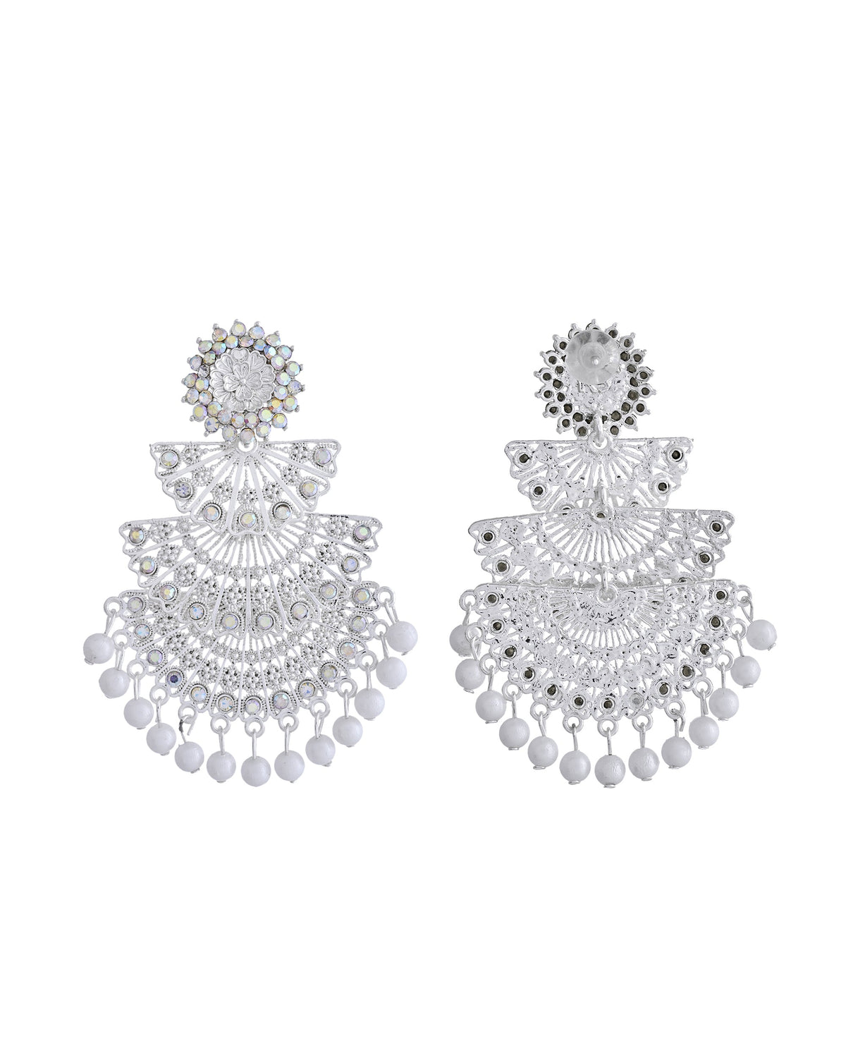 VOJ White Oxidized Multi Layered Stone Studded Earrings