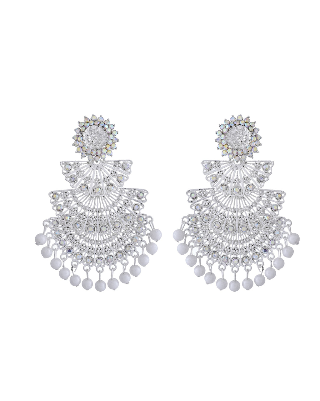VOJ White Oxidized Multi Layered Stone Studded Earrings