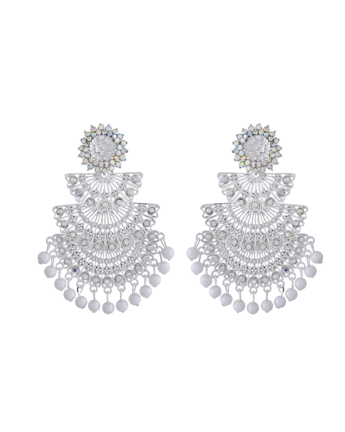 VOJ White Oxidized Multi Layered Stone Studded Earrings