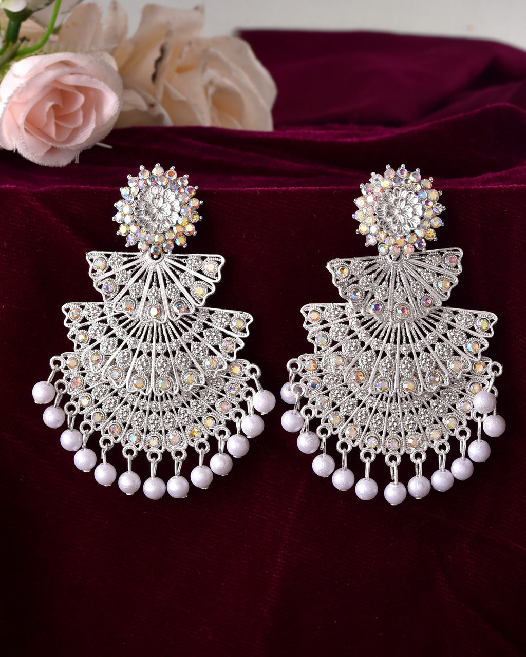 VOJ White Oxidized Multi Layered Stone Studded Earrings