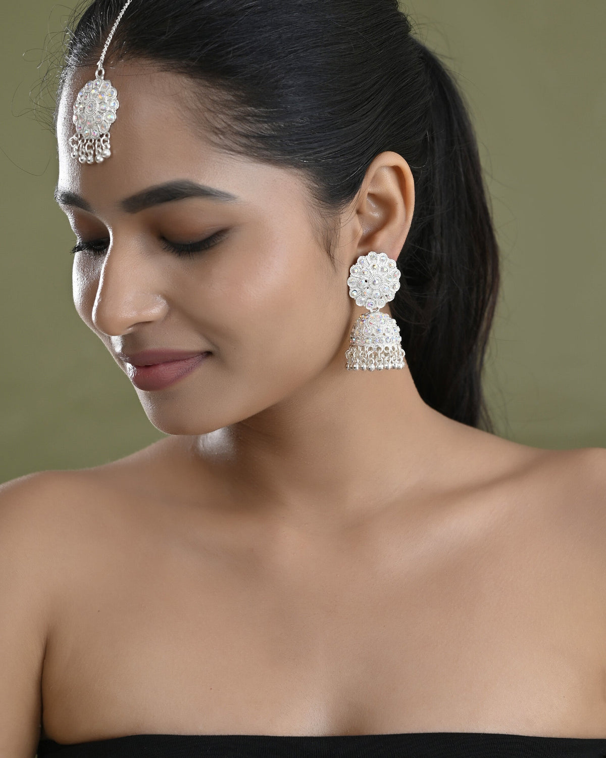 VOJ White Stone Studded Jhumkar Earrings With Maang Tikka | Grocsy