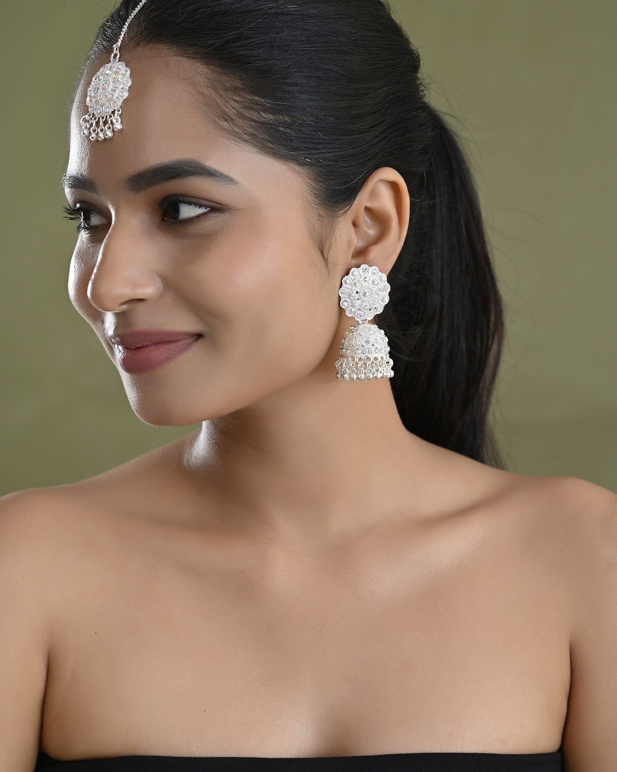 VOJ White Stone Studded Jhumkar Earrings With Maang Tikka | Grocsy