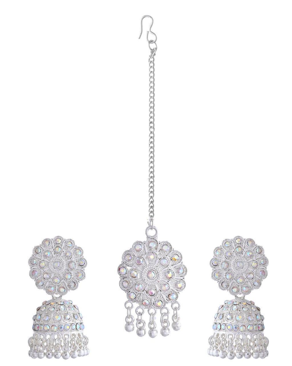 VOJ White Stone Studded Jhumkar Earrings With Maang Tikka | Grocsy