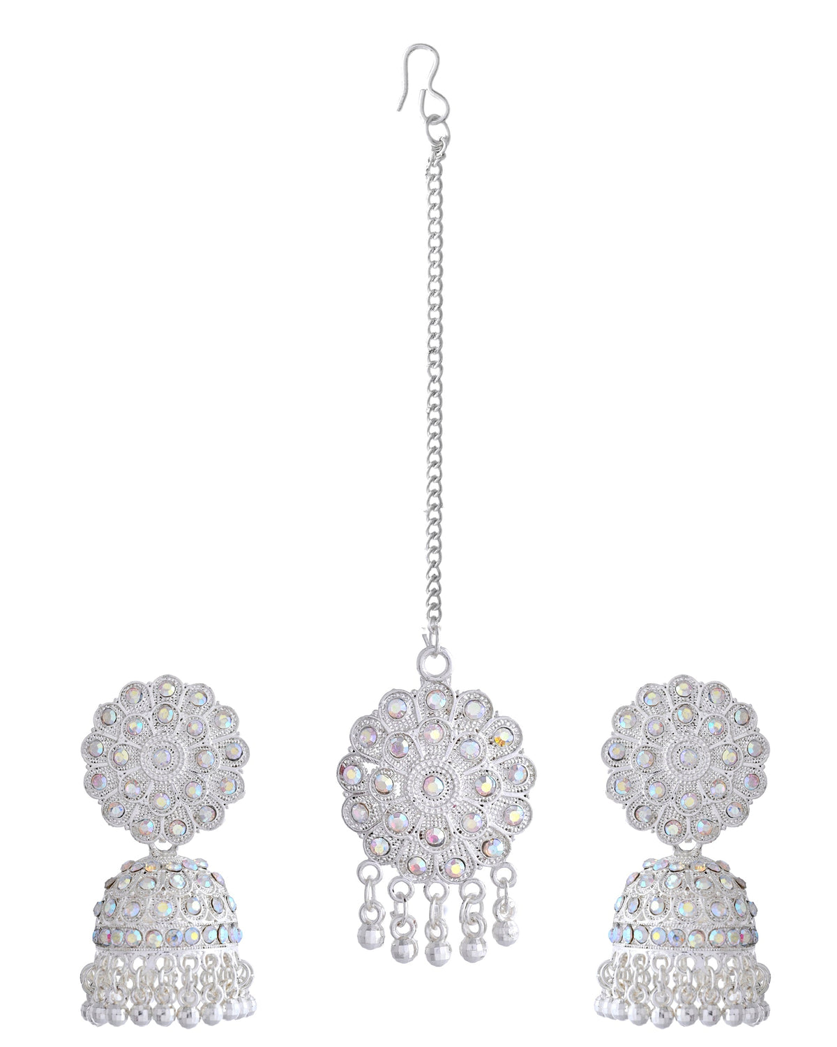 VOJ White Stone Studded Jhumkar Earrings With Maang Tikka | Grocsy