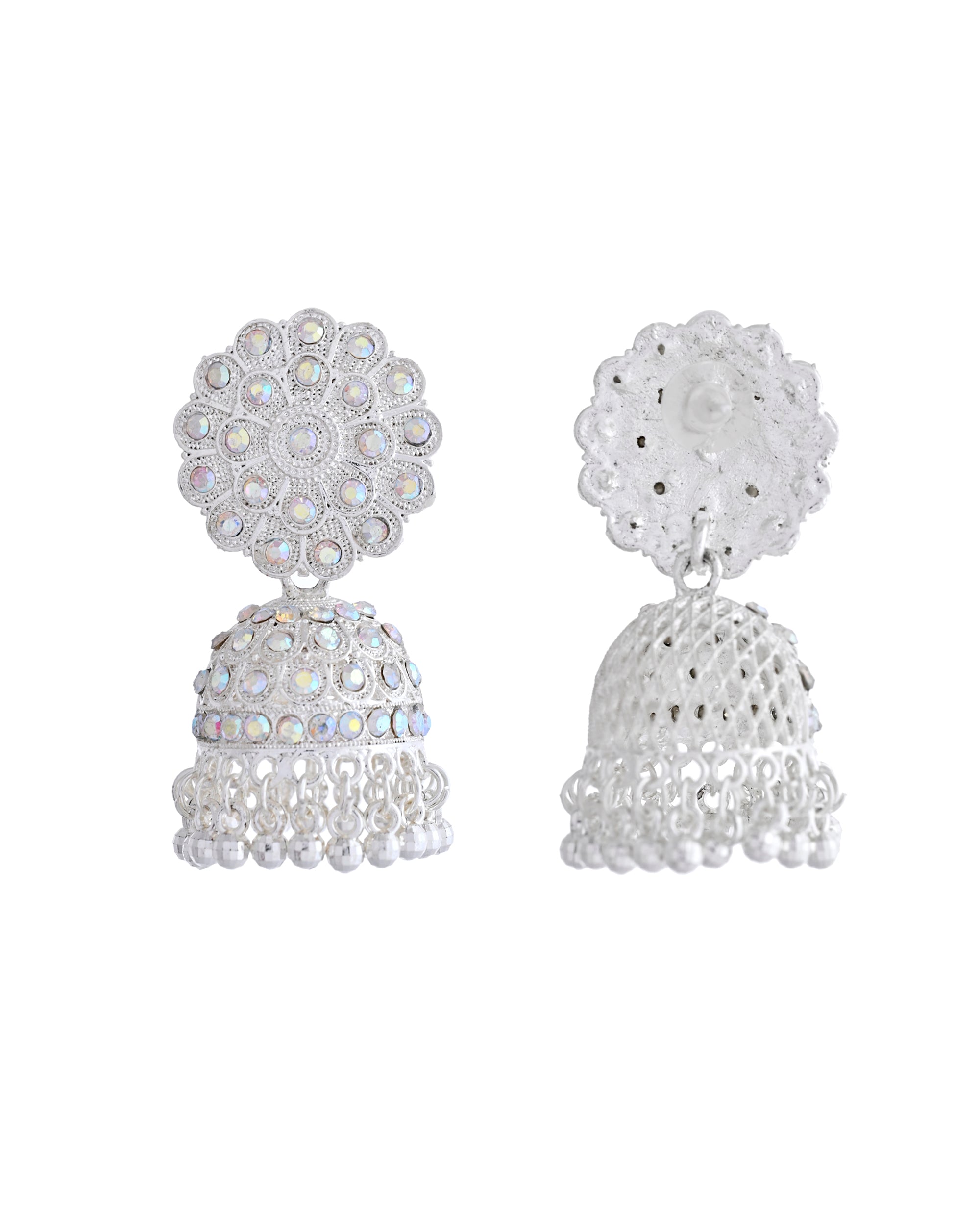 VOJ White Stone Studded Jhumkar Earrings With Maang Tikka | Grocsy