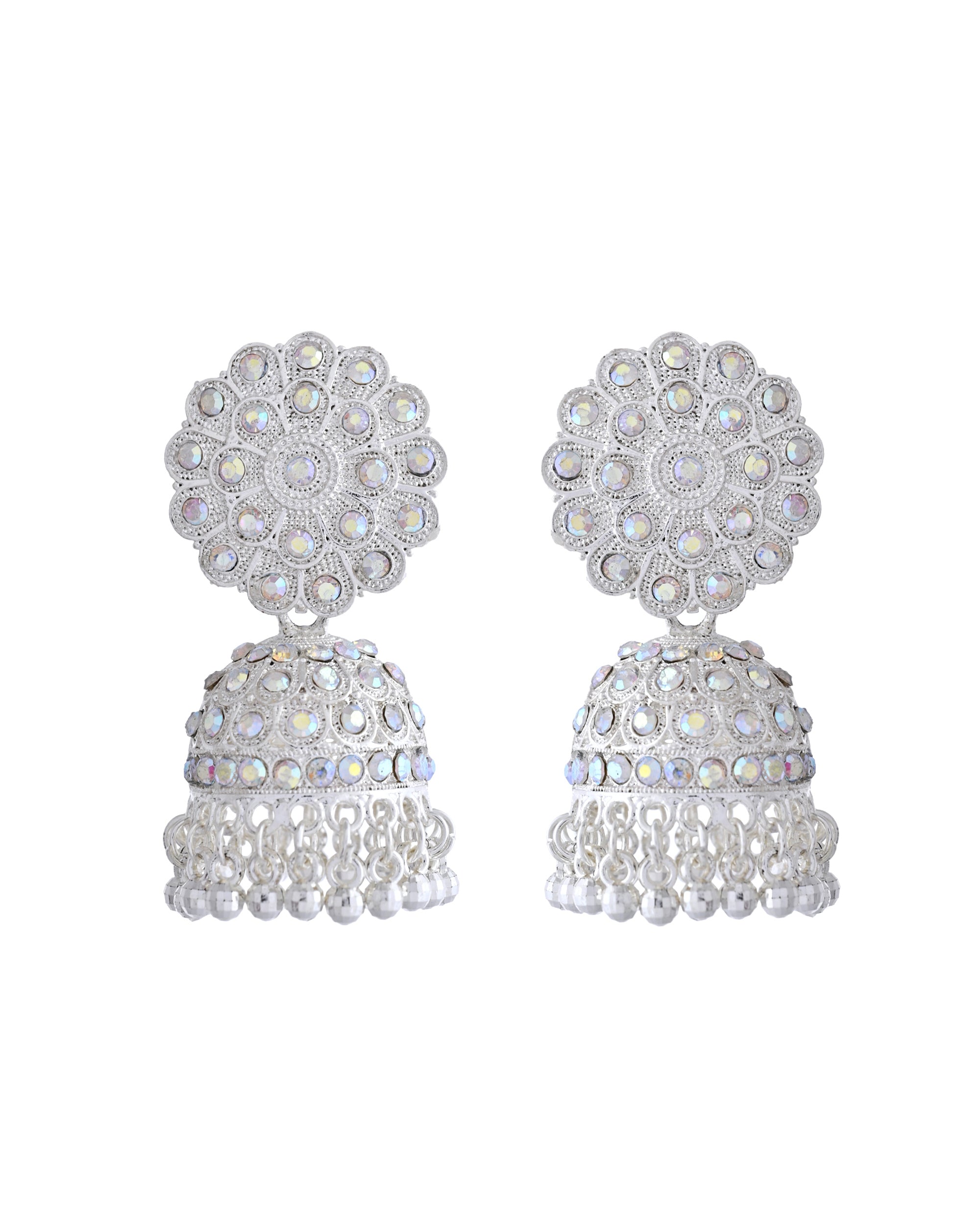 VOJ White Stone Studded Jhumkar Earrings With Maang Tikka | Grocsy