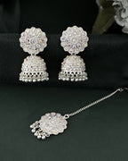 VOJ White Stone Studded Jhumkar Earrings With Maang Tikka | Grocsy