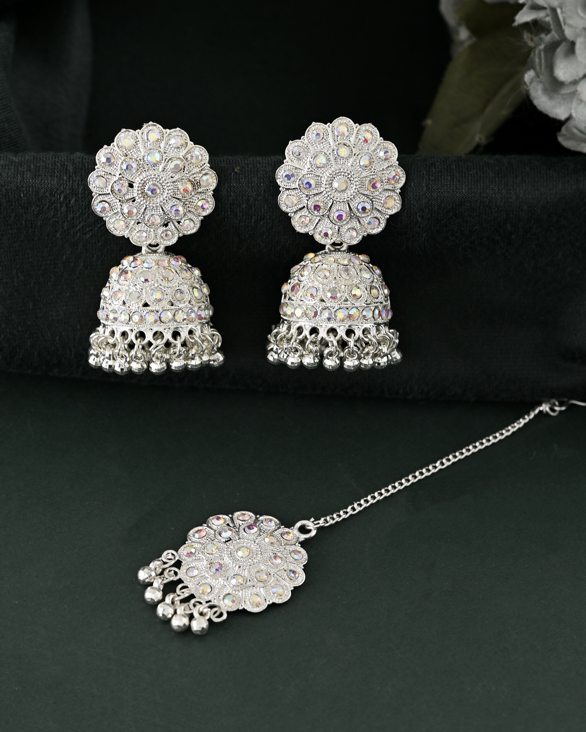 VOJ White Stone Studded Jhumkar Earrings With Maang Tikka | Grocsy