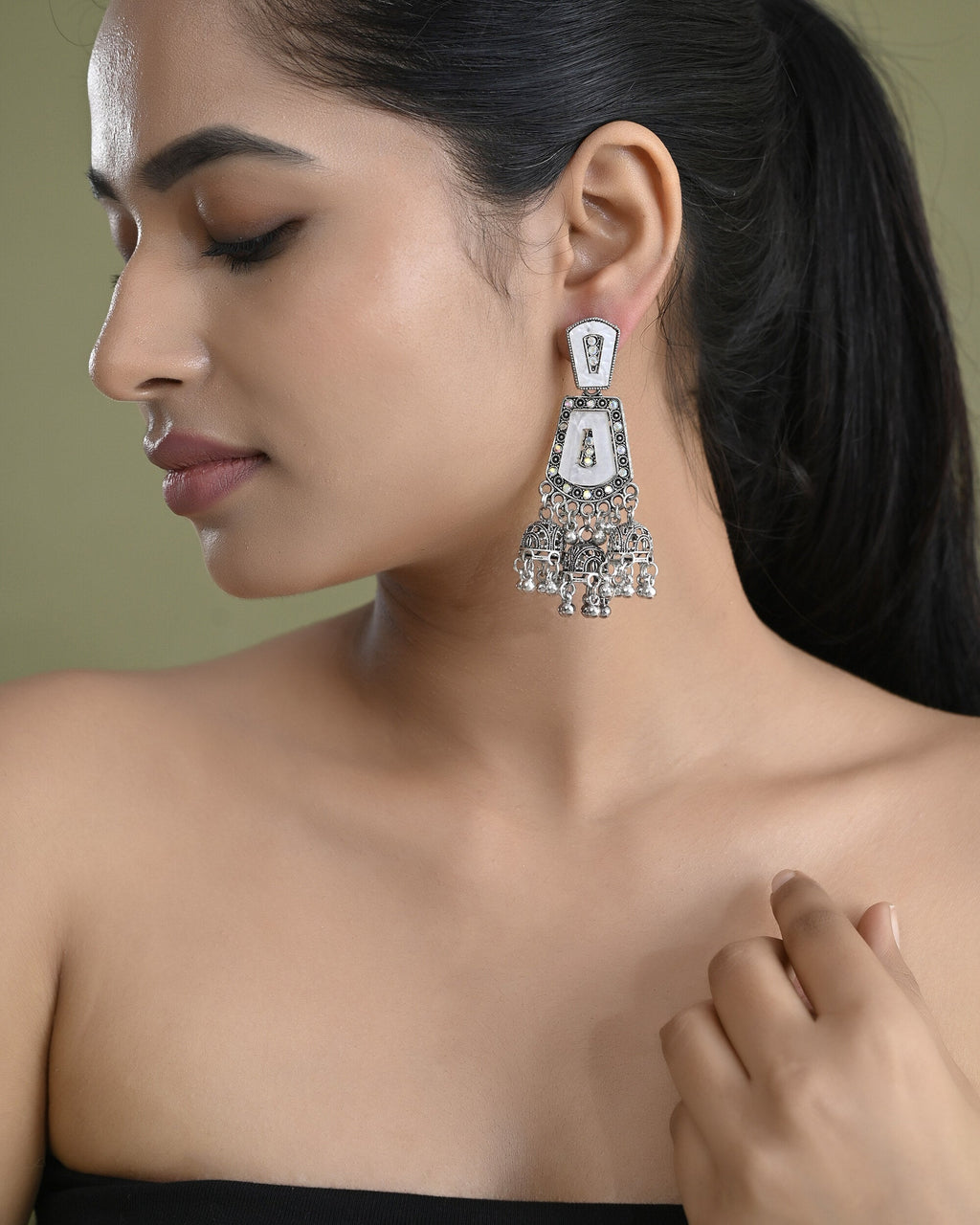 VOJ Silver Plated Moon Stone Studded Elegent Earrings