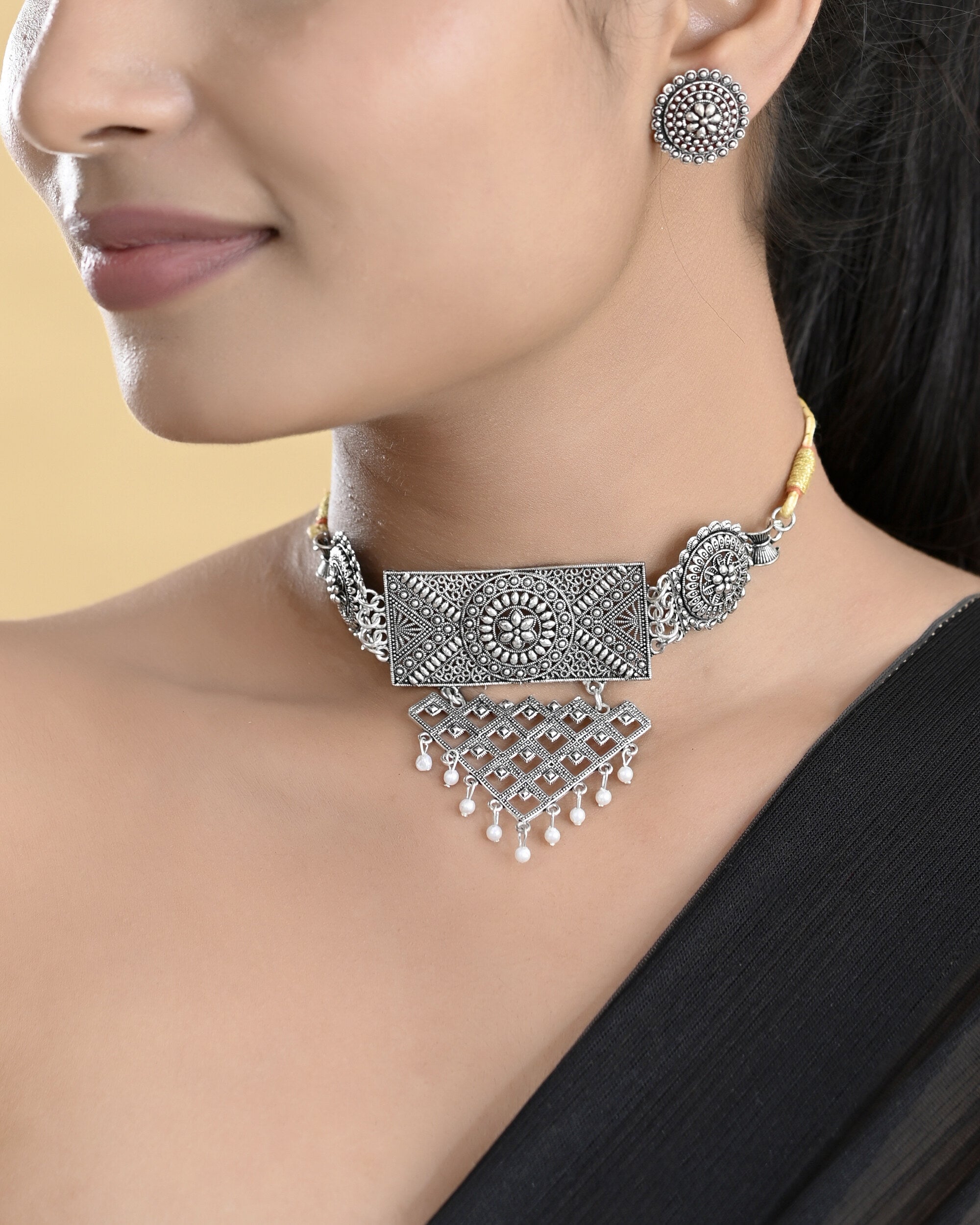 VOJ Silver Plated Oxidized Choker With Earrings Set | Grocsy