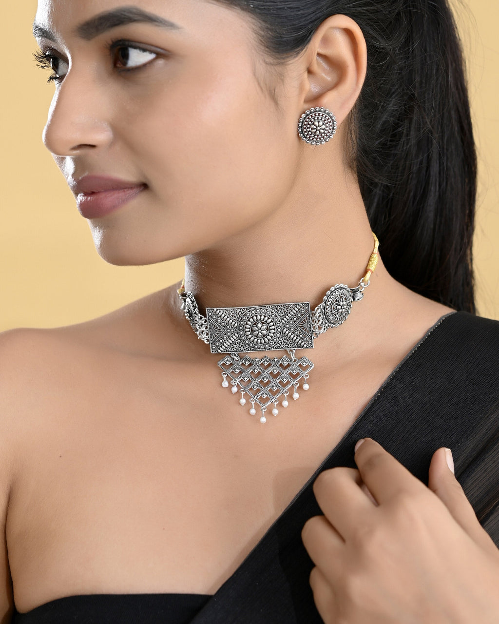 VOJ Silver Plated Oxidized Choker With Earrings Set | Grocsy