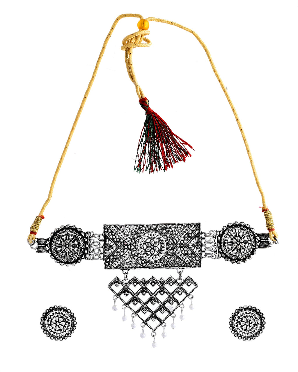 VOJ Silver Plated Oxidized Choker With Earrings Set | Grocsy