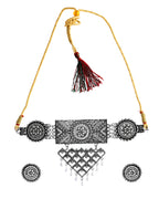 VOJ Silver Plated Oxidized Choker With Earrings Set | Grocsy