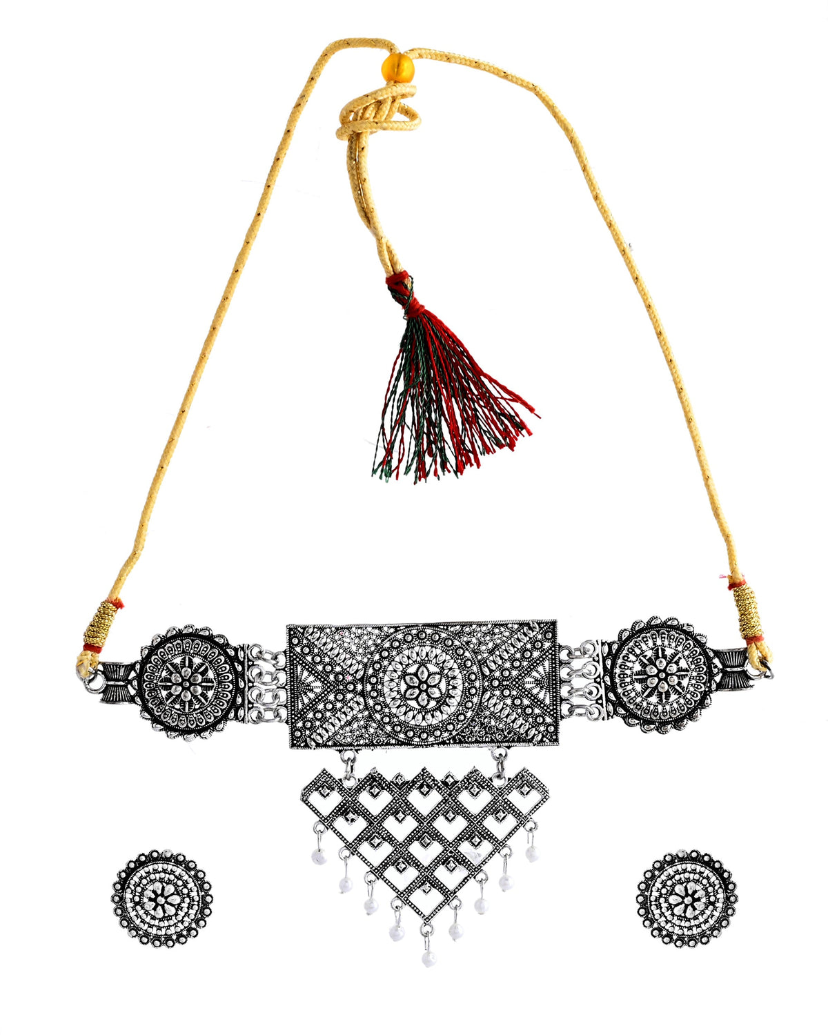 VOJ Silver Plated Oxidized Choker With Earrings Set | Grocsy