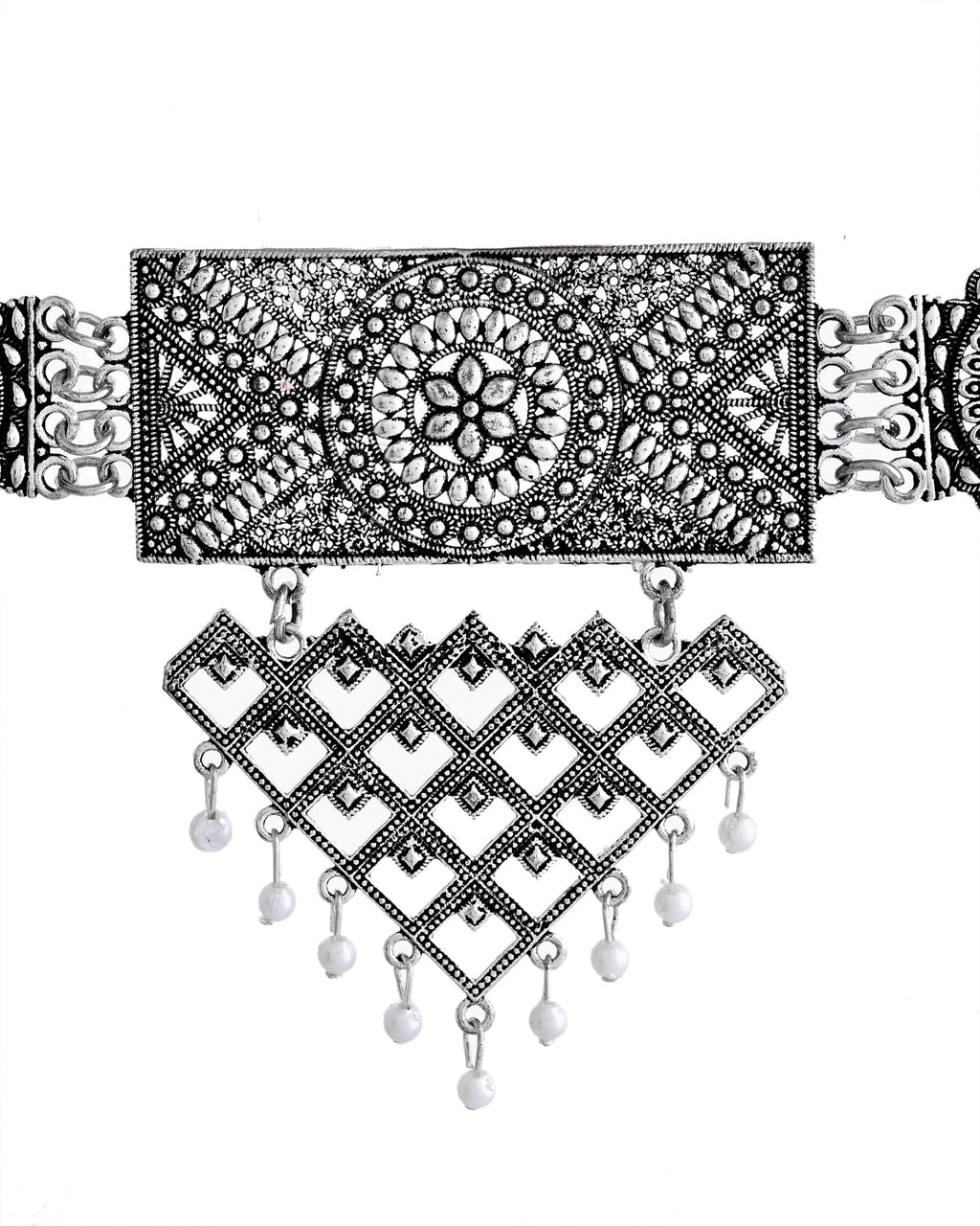 VOJ Silver Plated Oxidized Choker With Earrings Set | Grocsy