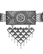 VOJ Silver Plated Oxidized Choker With Earrings Set | Grocsy