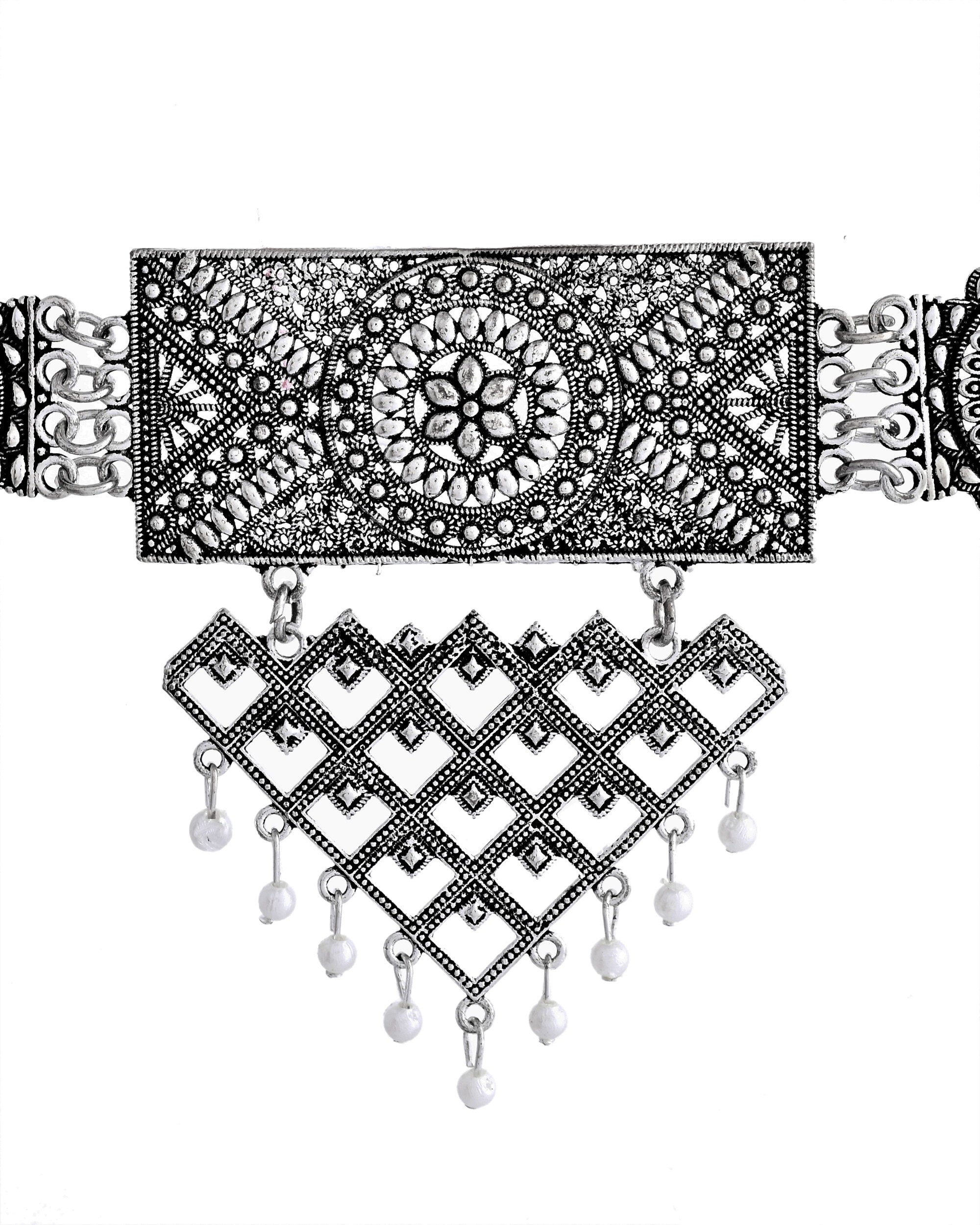 VOJ Silver Plated Oxidized Choker With Earrings Set | Grocsy