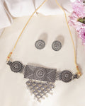 VOJ Silver Plated Oxidized Choker With Earrings Set | Grocsy