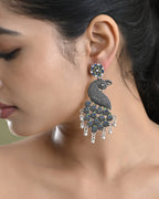 VOJ Silver Plated Oxidized Peacock Shaped Long Earrings | Grocsy