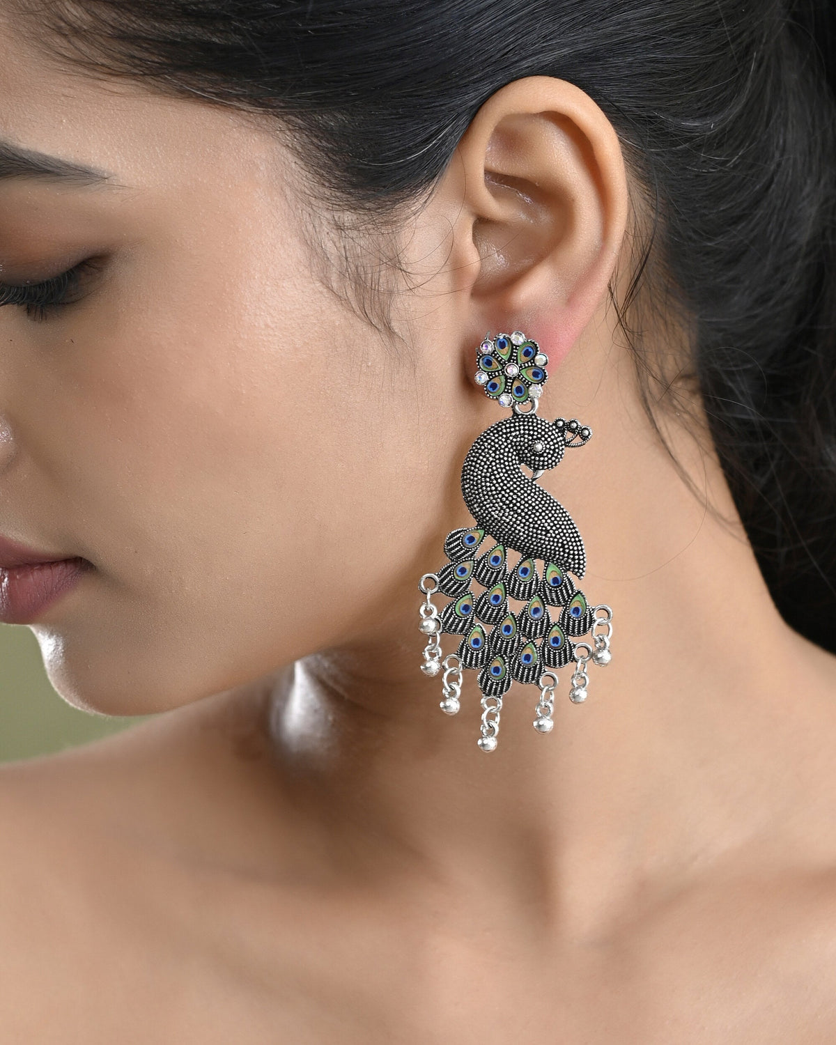 VOJ Silver Plated Oxidized Peacock Shaped Long Earrings | Grocsy