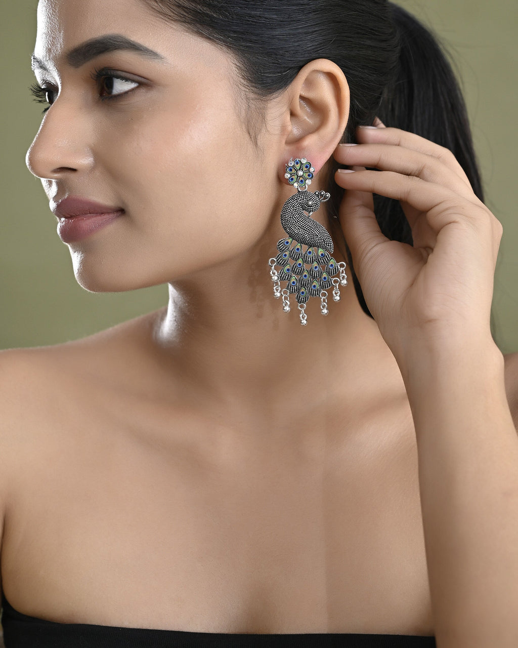 VOJ Silver Plated Oxidized Peacock Shaped Long Earrings | Grocsy