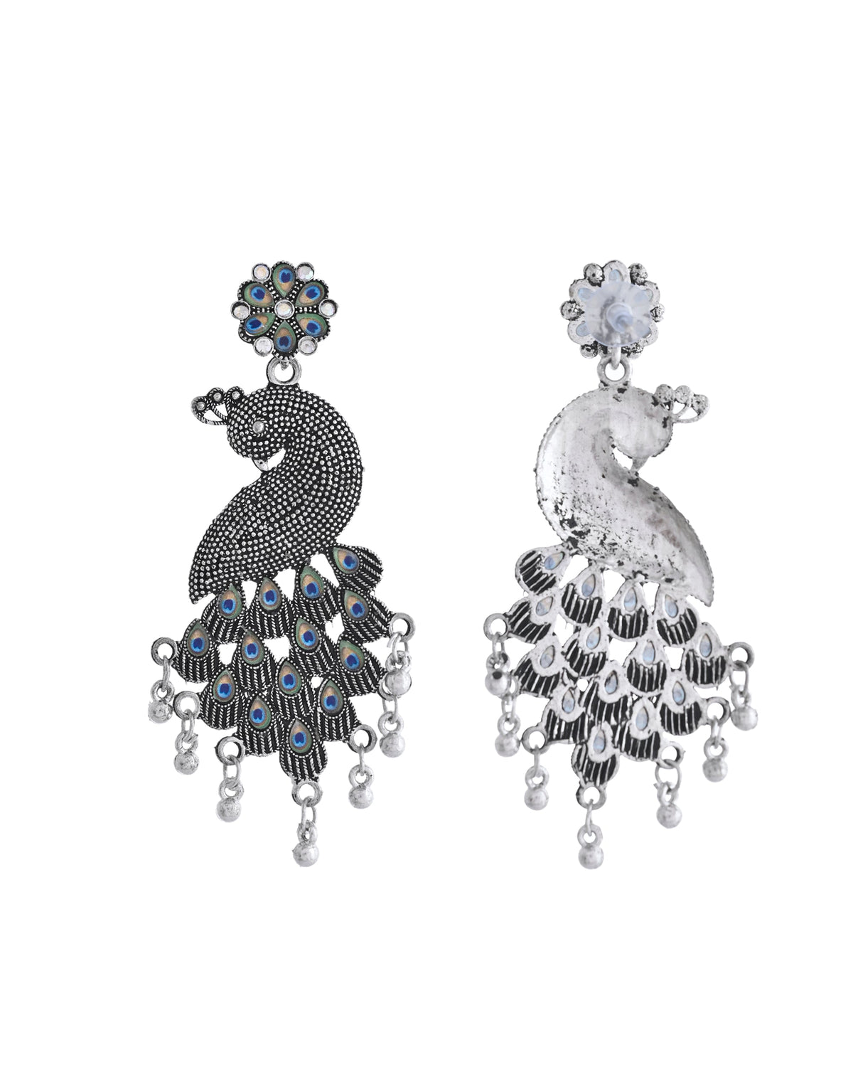 VOJ Silver Plated Oxidized Peacock Shaped Long Earrings | Grocsy