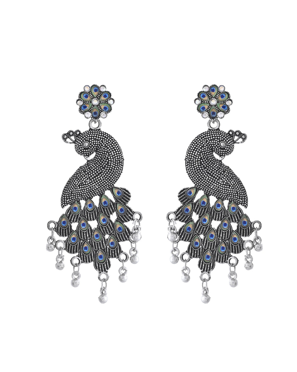 VOJ Silver Plated Oxidized Peacock Shaped Long Earrings | Grocsy