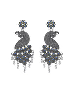 VOJ Silver Plated Oxidized Peacock Shaped Long Earrings | Grocsy