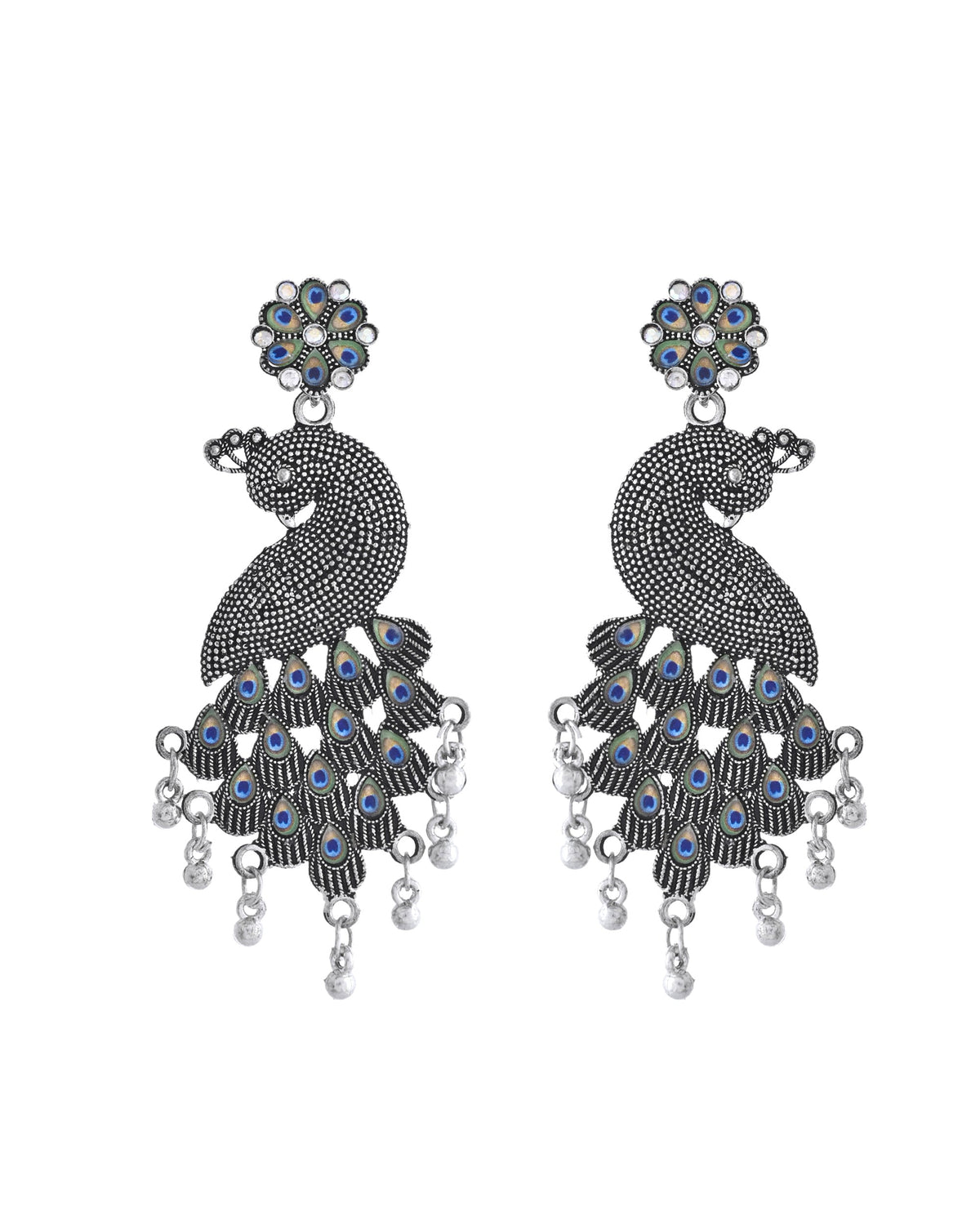 VOJ Silver Plated Oxidized Peacock Shaped Long Earrings | Grocsy