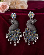 VOJ Silver Plated Oxidized Peacock Shaped Long Earrings | Grocsy